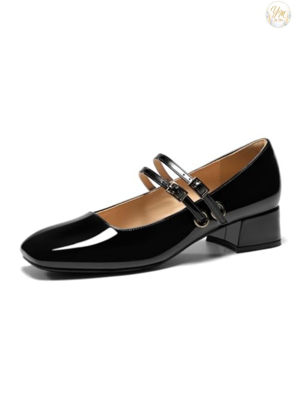 Mary Jane Low Heels Double Strap Square Toe Pumps Faux Leather